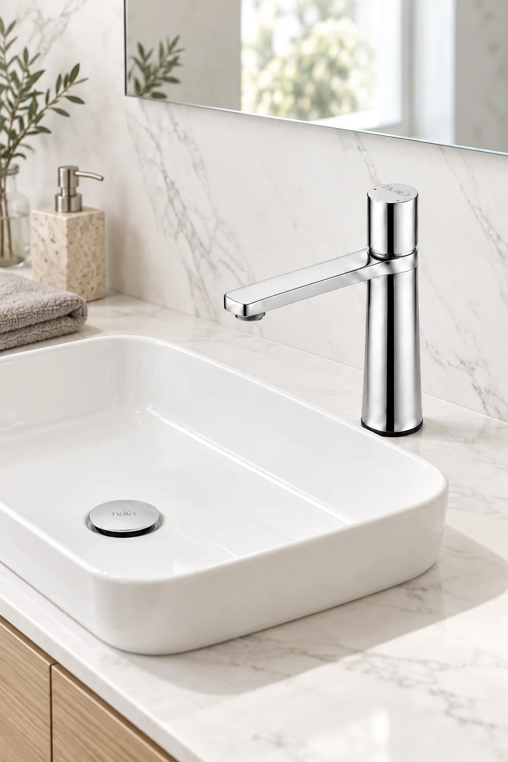 Chrome Lian mixer with a white rectangular basin on ivory marble