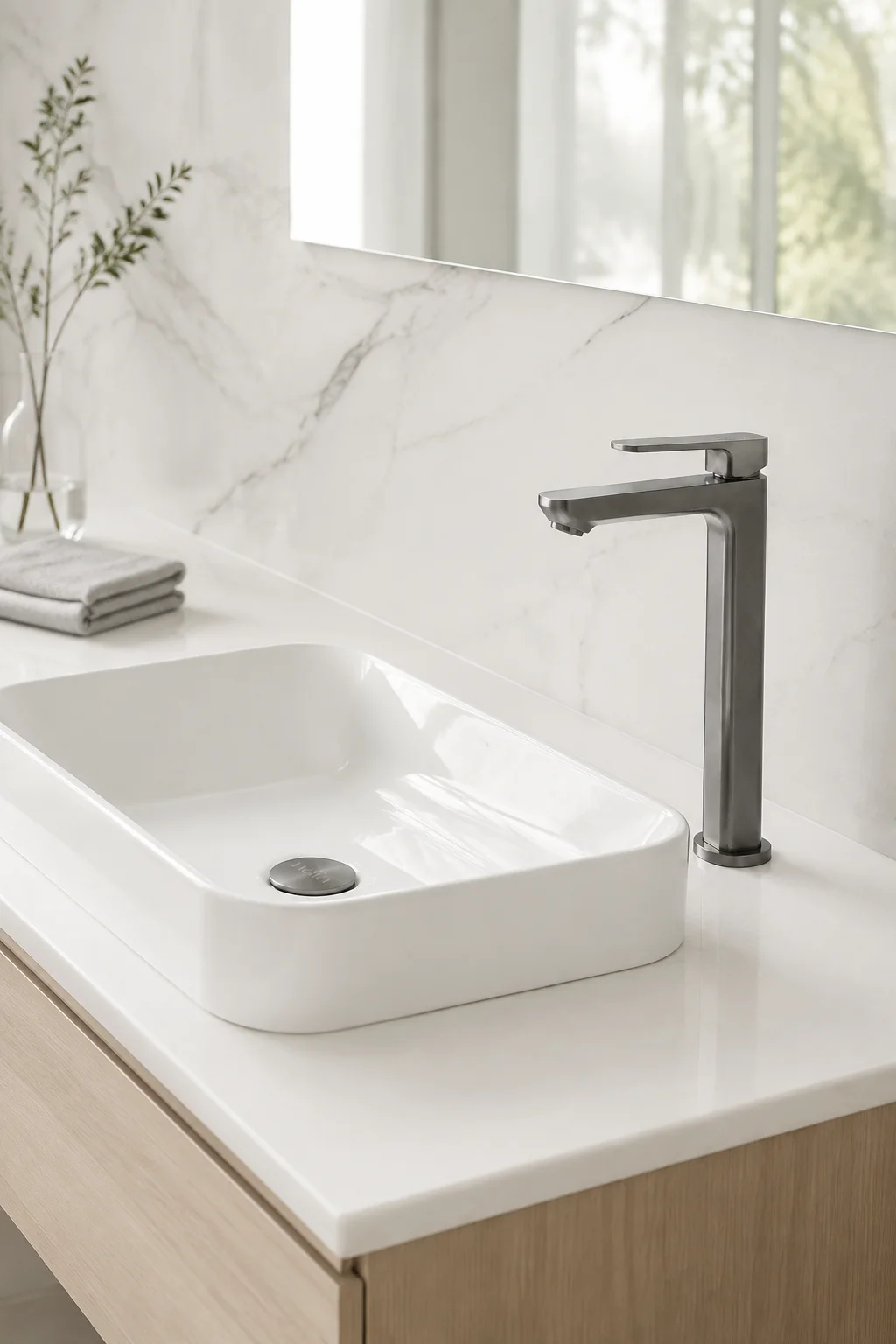 Gun grey Tala Vessel mixer with a white rectangular basin on ivory marble