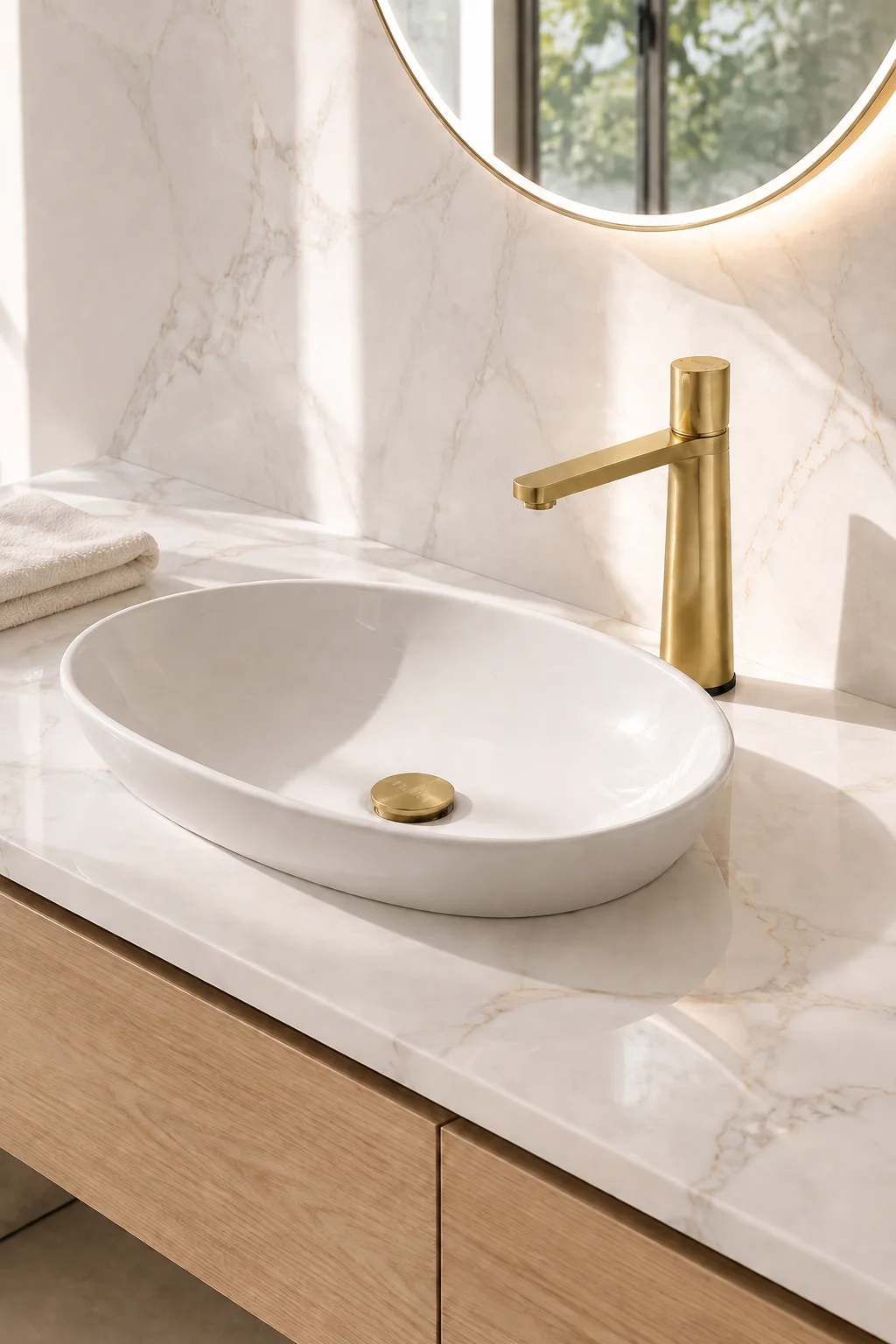 Brushed gold Lian mixer with a white oval basin on ivory marble