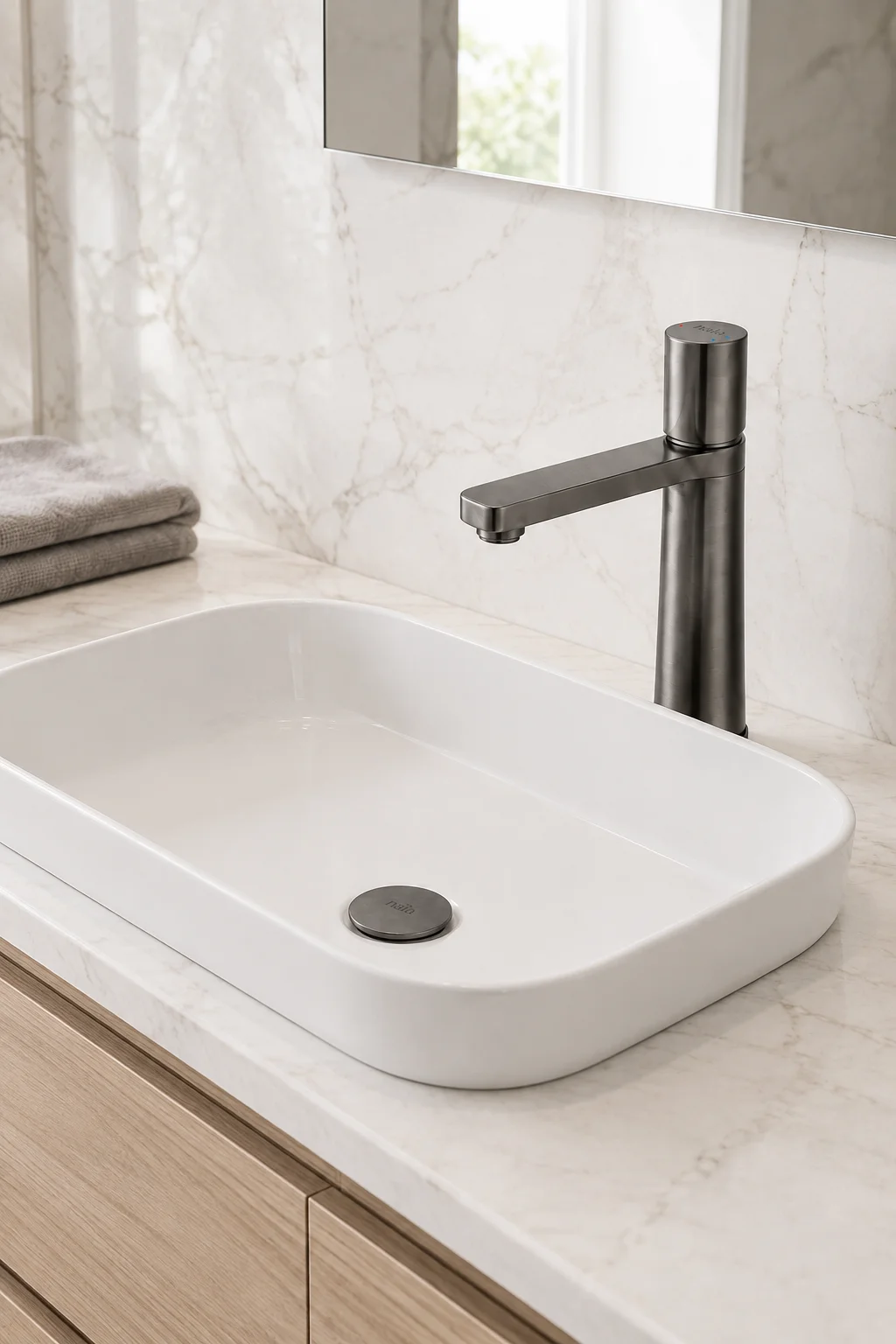Gun grey Lian mixer with a white rectangular basin on ivory marble