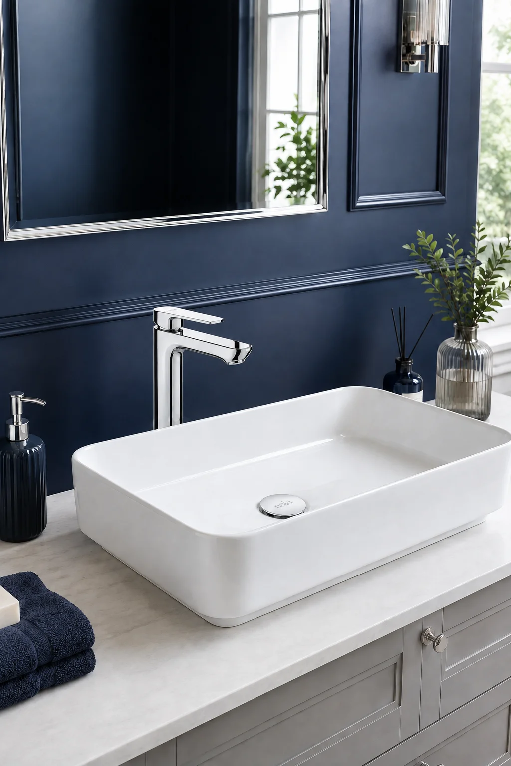 Chrome Tala mixer with a rectangular white basin against navy panelling