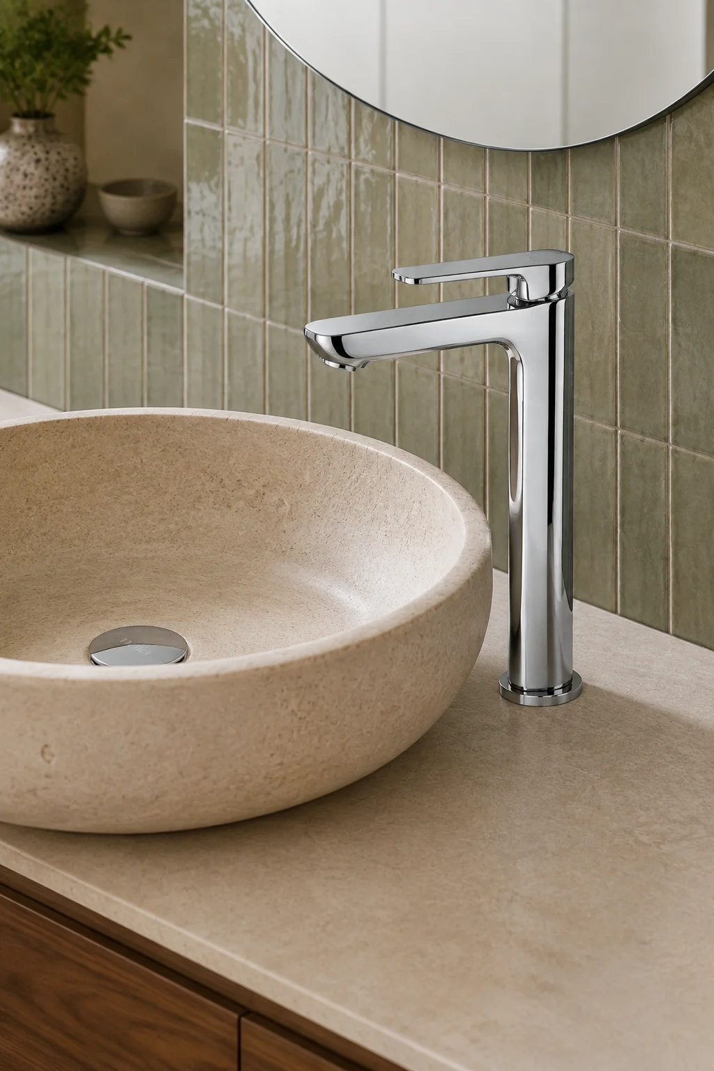Chrome Tala Vessel mixer with a travertine bowl and sage tiles