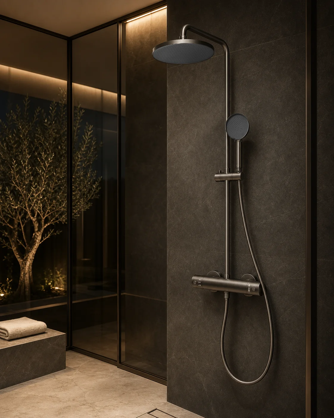 Gun grey Rima column in a smoked glass hotel shower