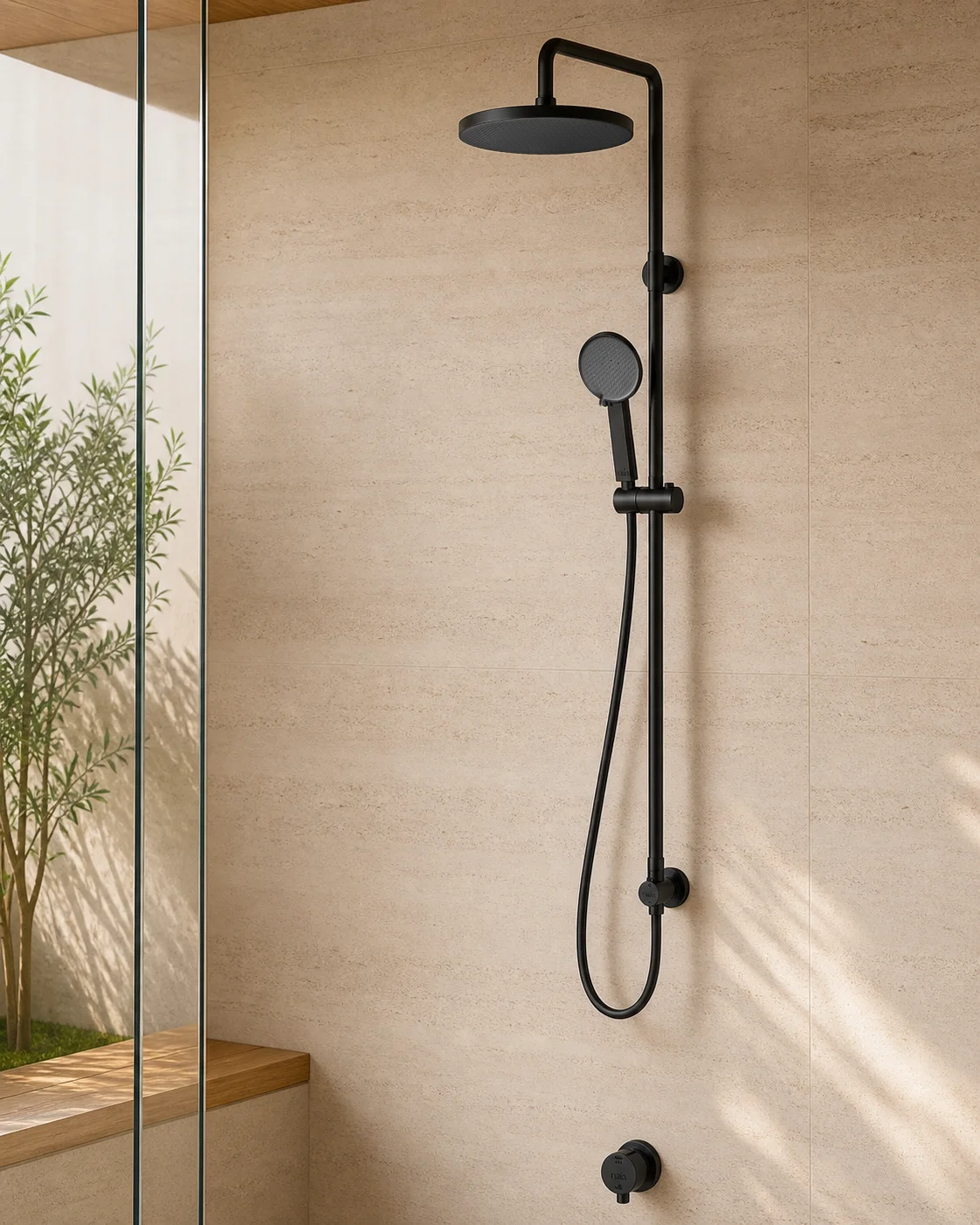 Matte black Dana column in a travertine and oak shower