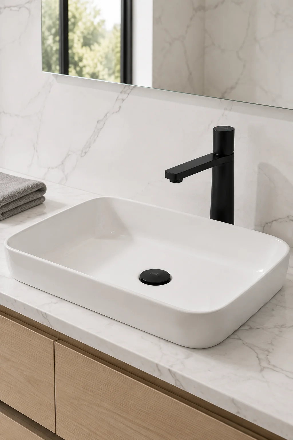 Matte black Lian mixer with a white rectangular basin on marble