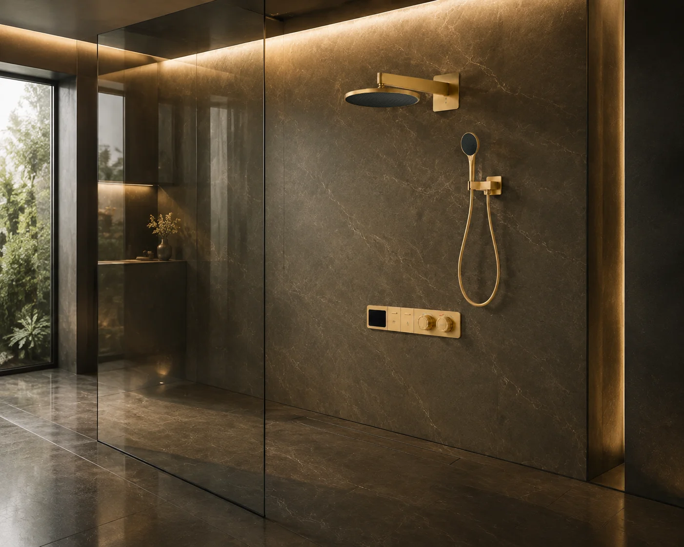 Wide view of the brushed gold Noor system in a bronze stone shower room