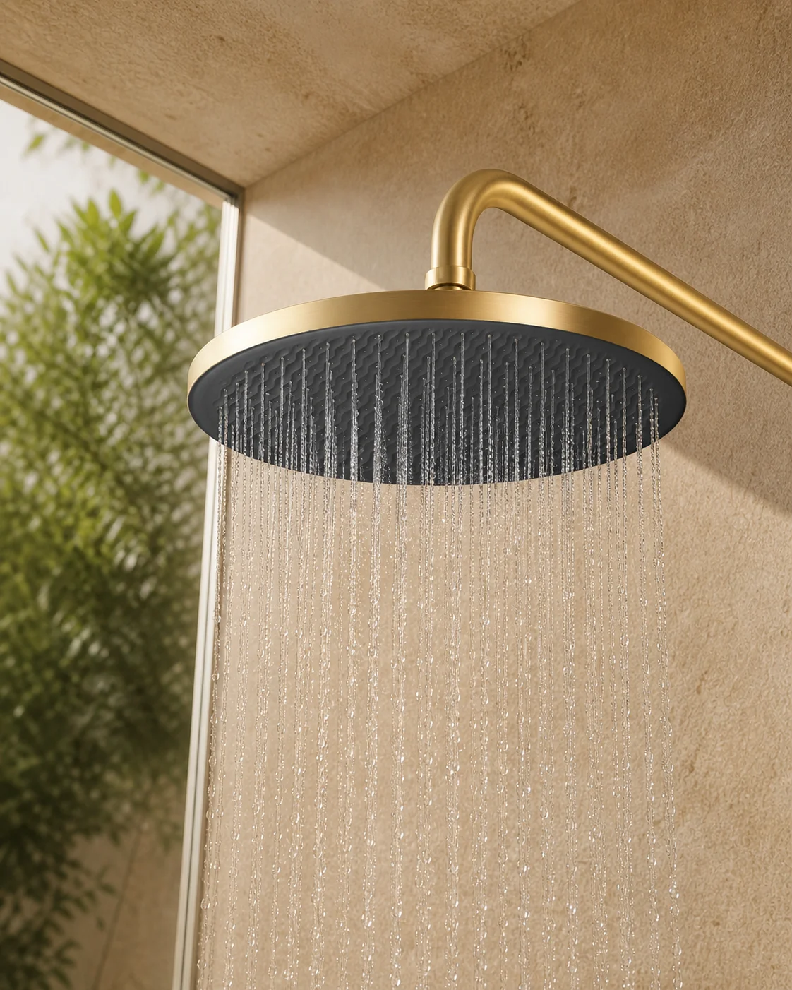 Rima rain head in brushed gold running water in a travertine shower