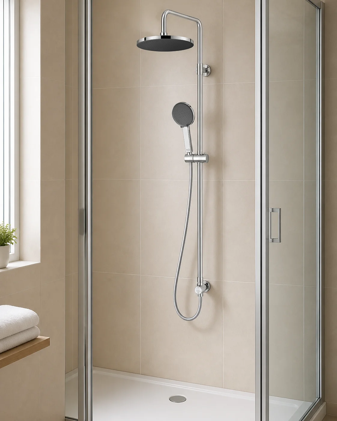 Chrome Dana column in a beige shower cabin
