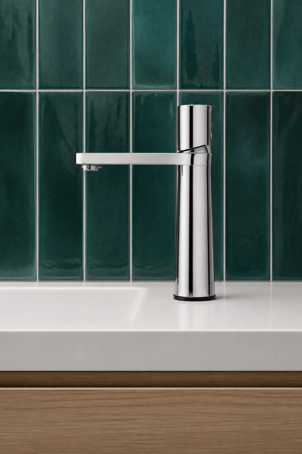 Side profile of the chrome Lian mixer against deep teal tiles