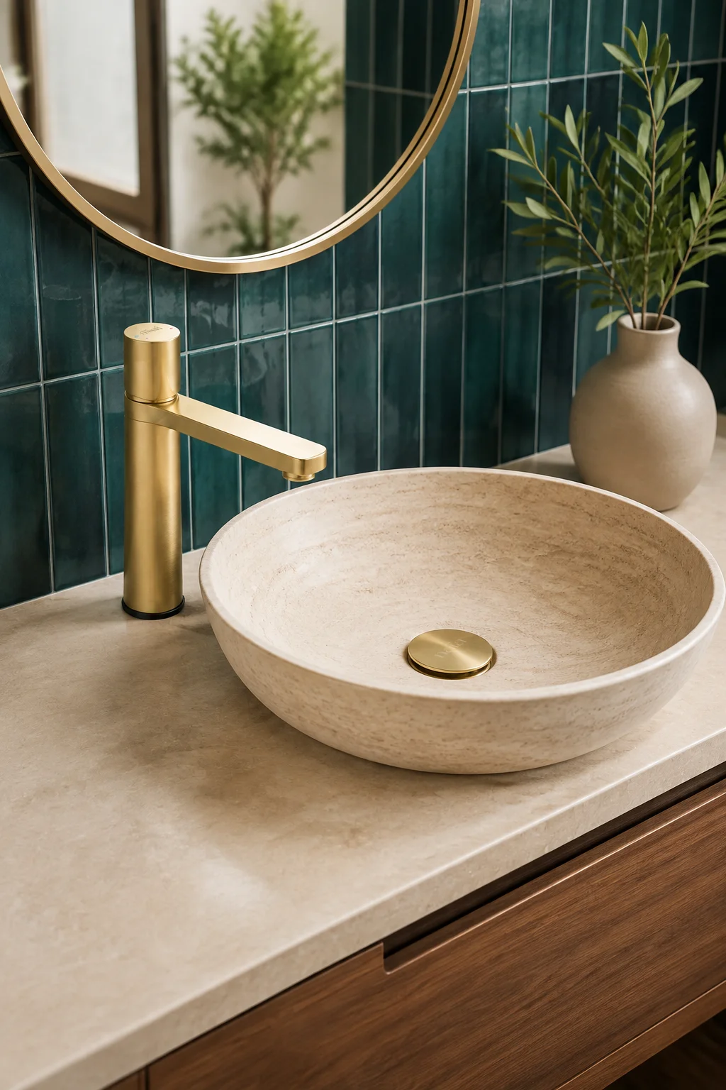 Lian basin mixer in brushed gold beside a travertine bowl against deep teal tile