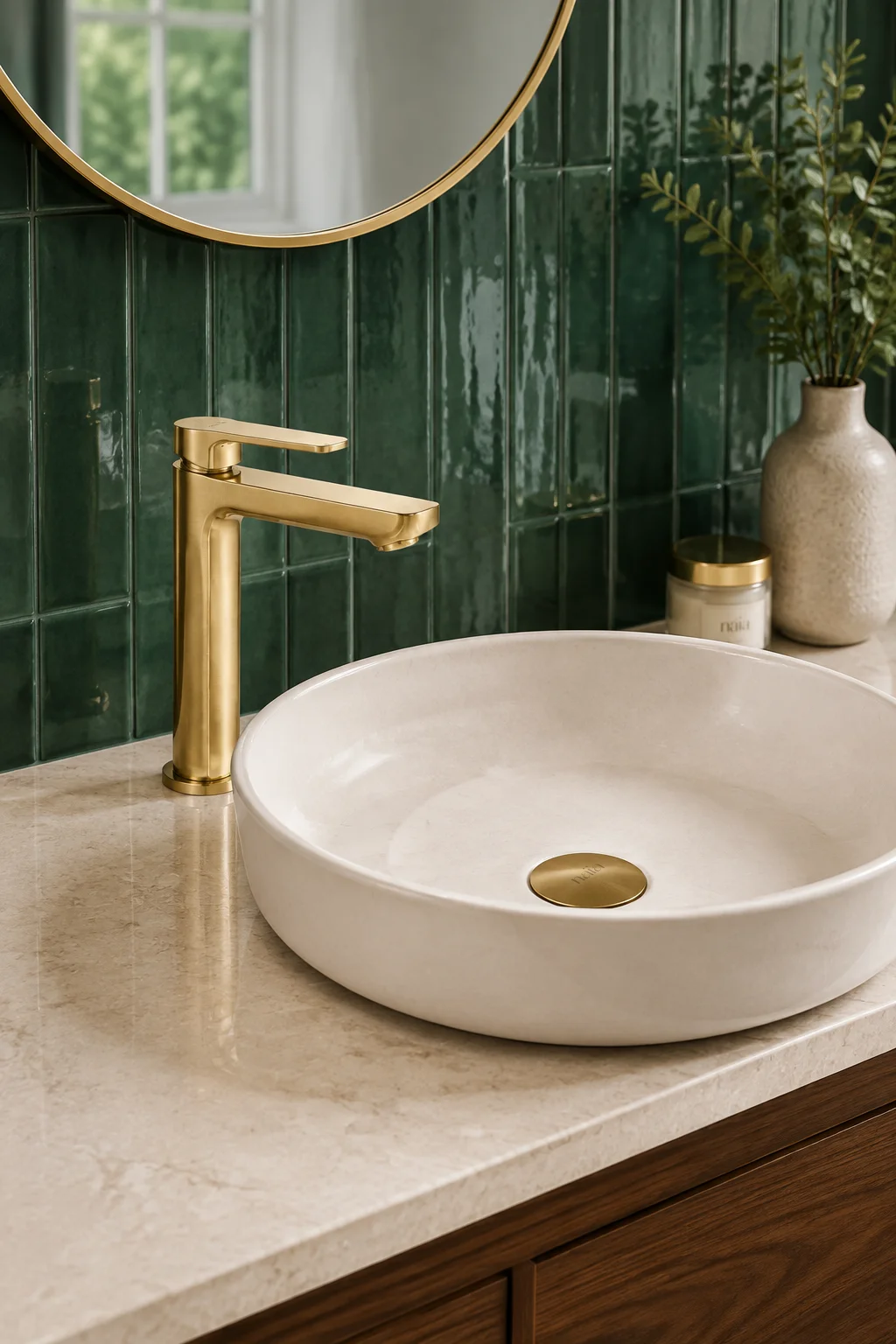 Brushed gold Tala mixer with a cream round basin and forest green tiles