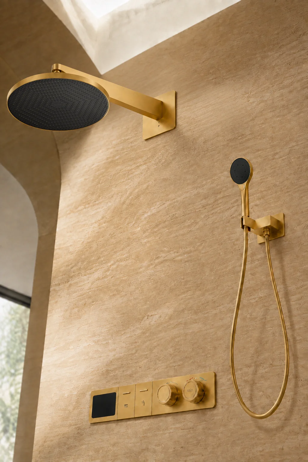 Low angle of the brushed gold Noor rain head and arm under an arched ceiling