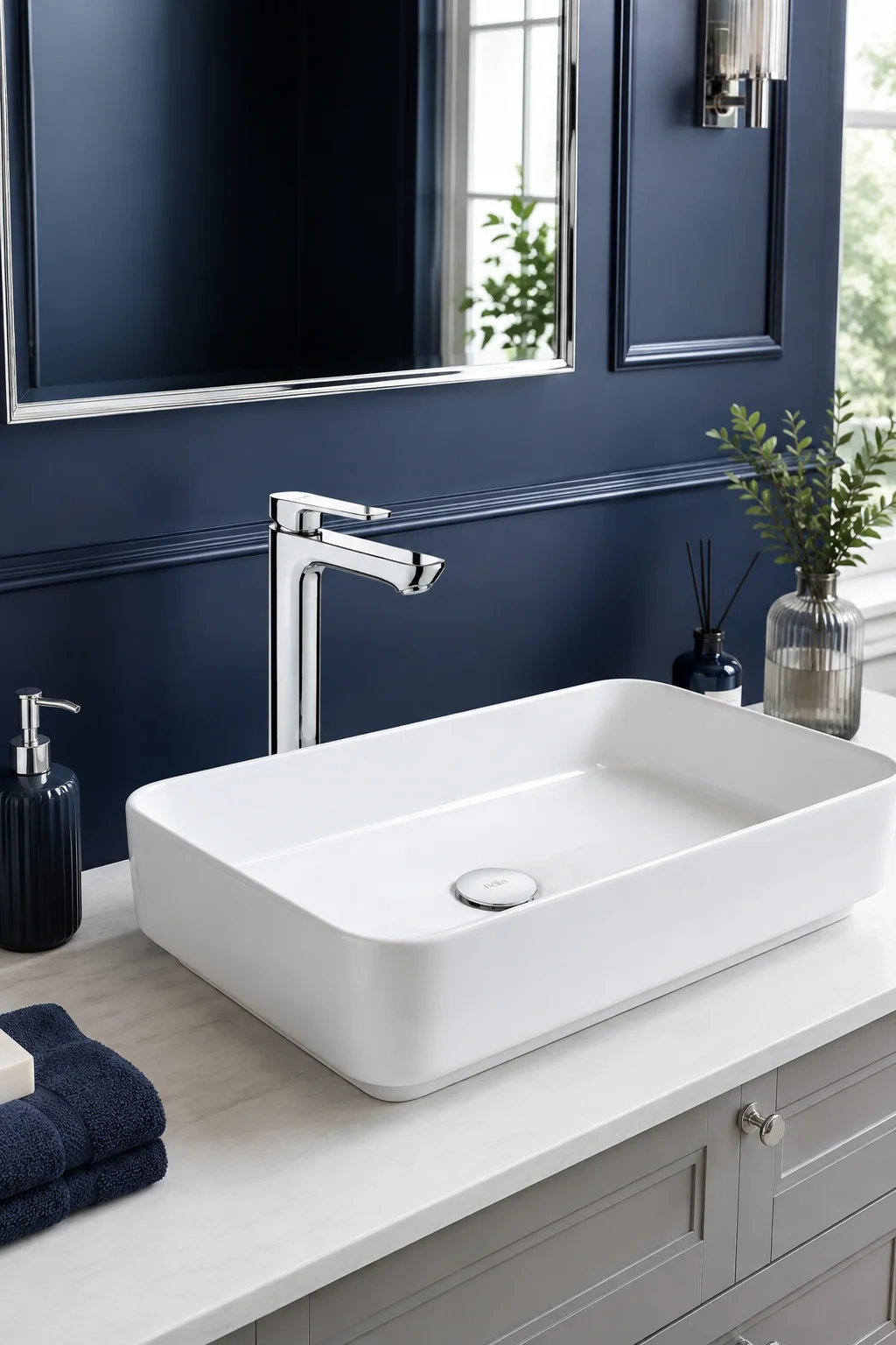 Chrome Tala Vessel mixer with a white rectangular basin against navy panelling