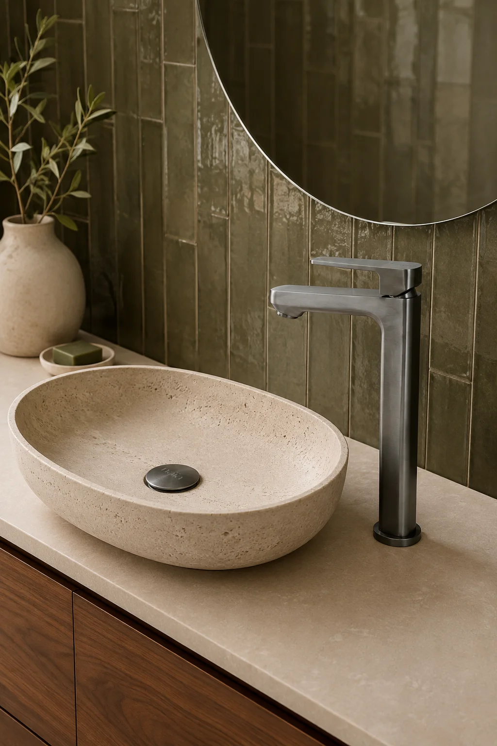 Gun grey Tala Vessel mixer with a travertine bowl and olive tiles