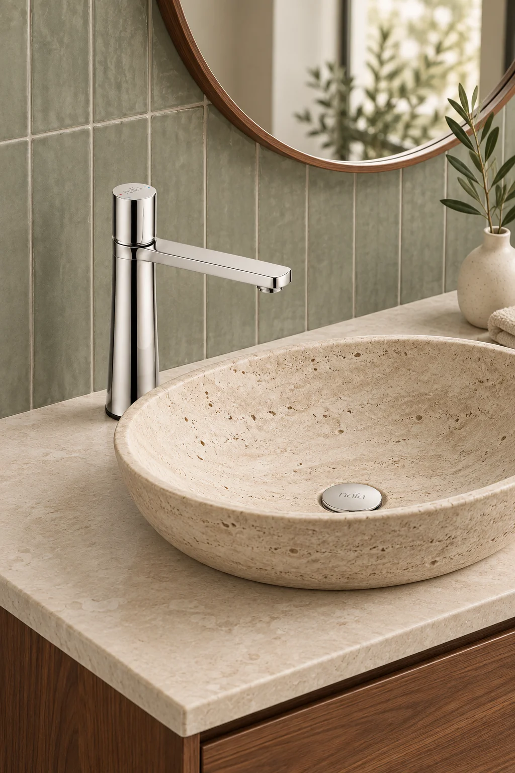 Chrome Lian mixer with a travertine bowl and sage tiles