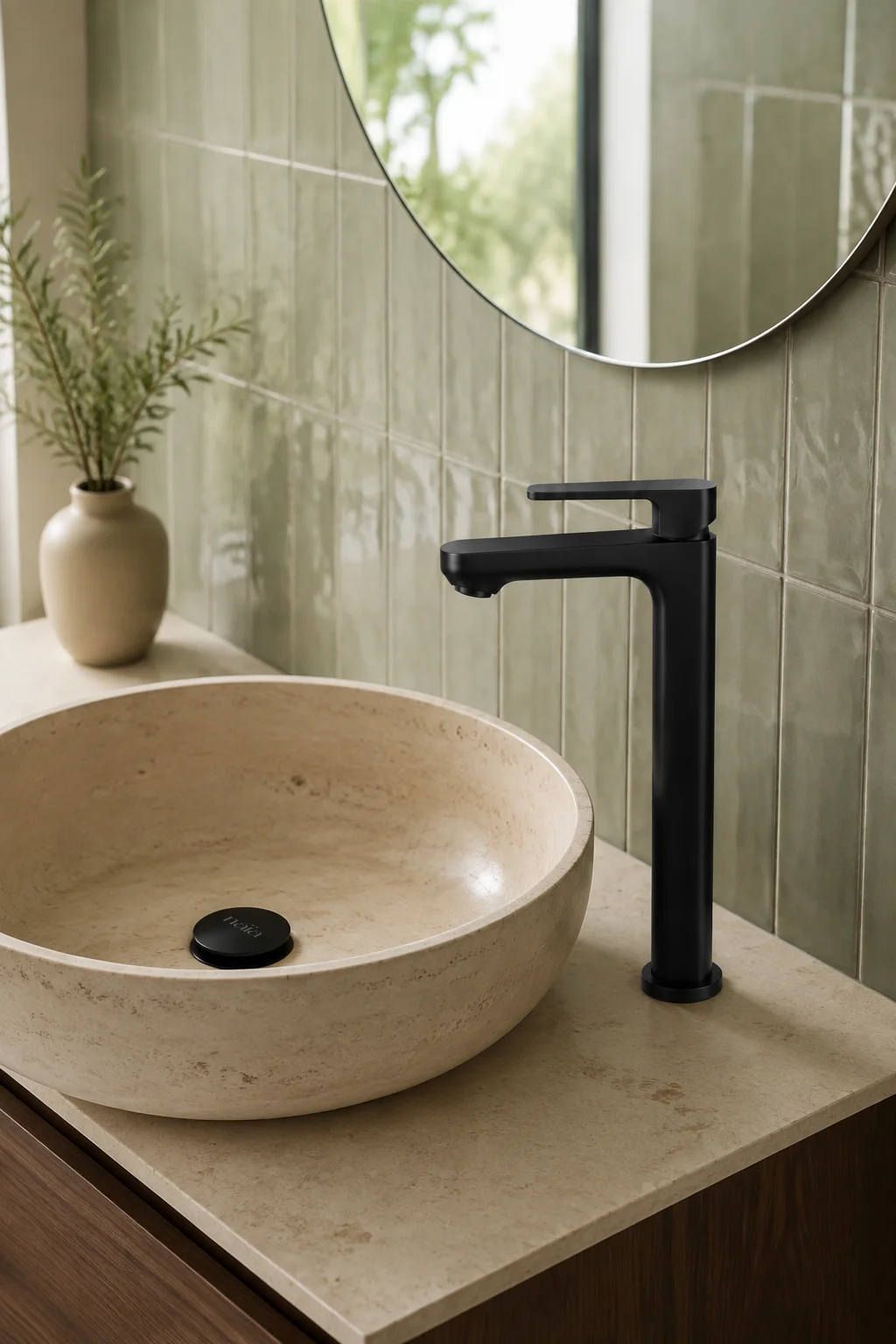 Matte black Tala Vessel mixer with a travertine bowl and sage tiles
