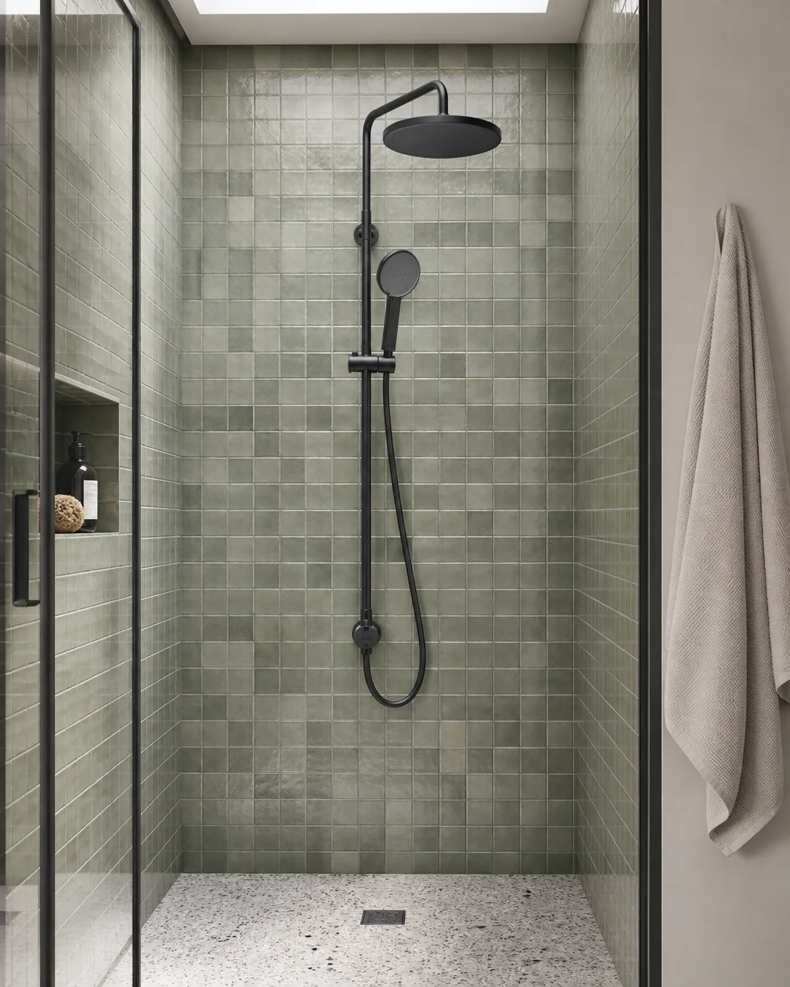 Matte black Dana column in a sage zellige cabin