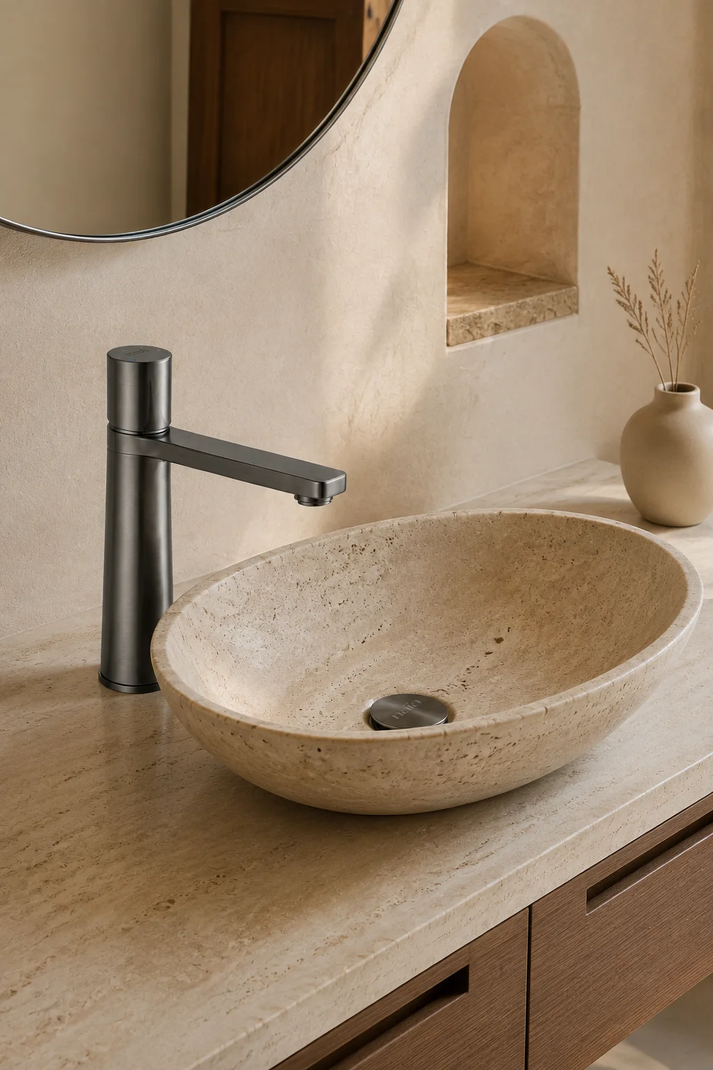 Gun grey Lian mixer with a travertine oval basin in a warm alcove