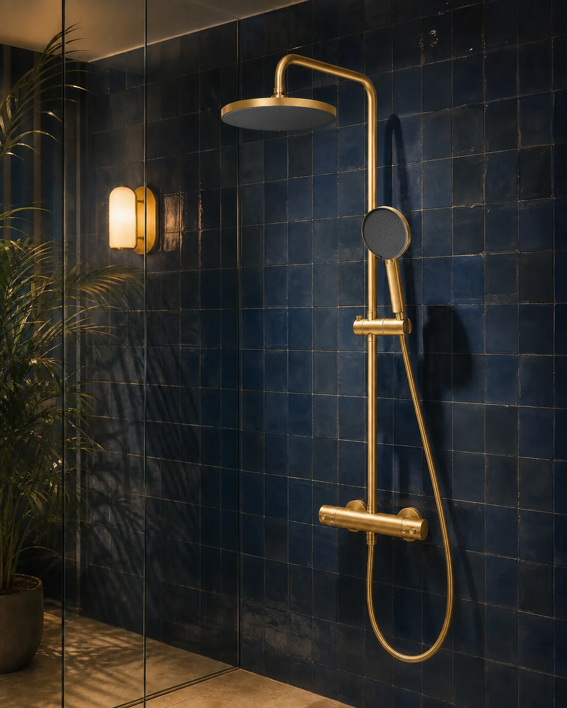 Brushed gold Rima column in a sapphire zellige shower cabin