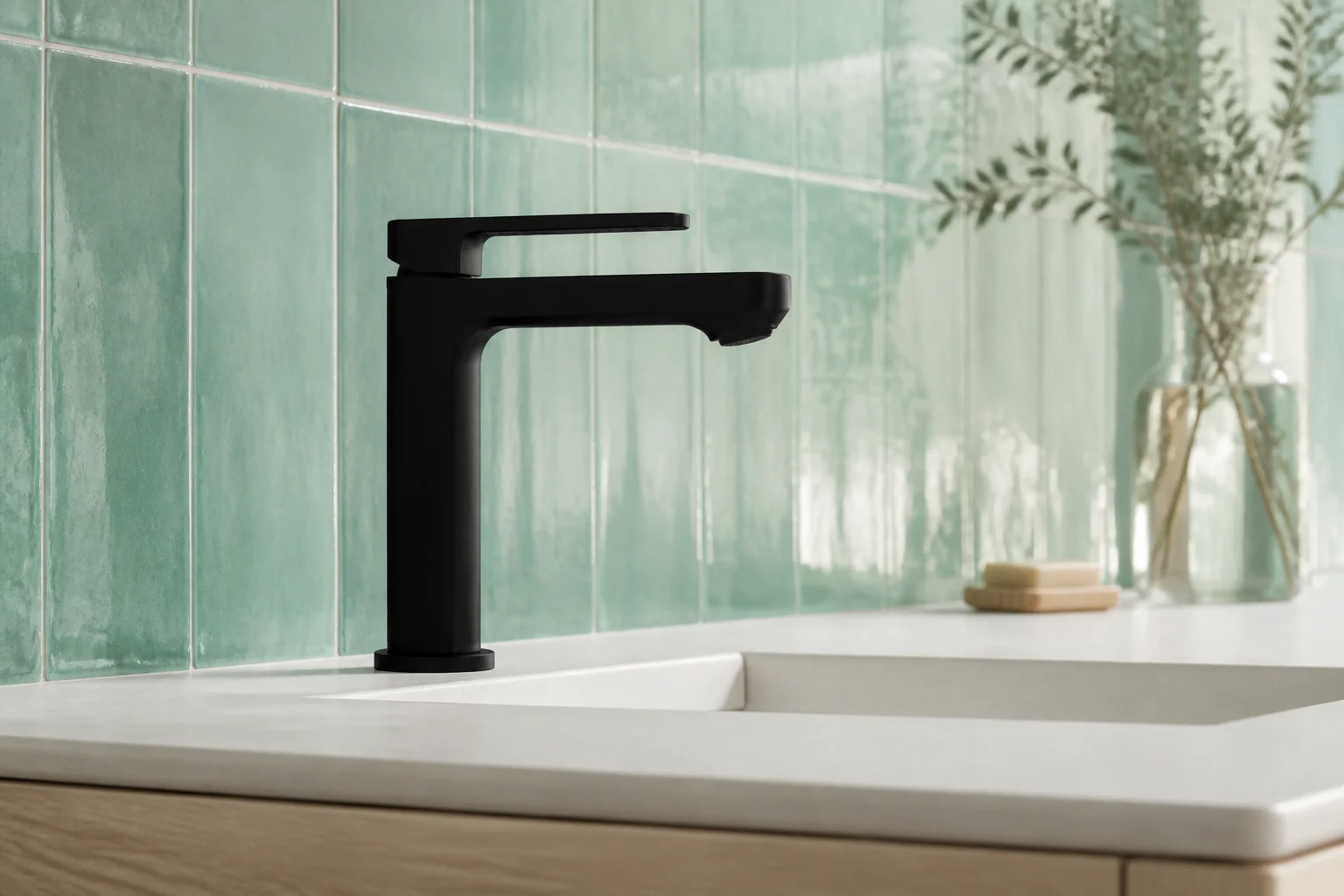 Side profile of the matte black Tala mixer against seafoam zellige tiles