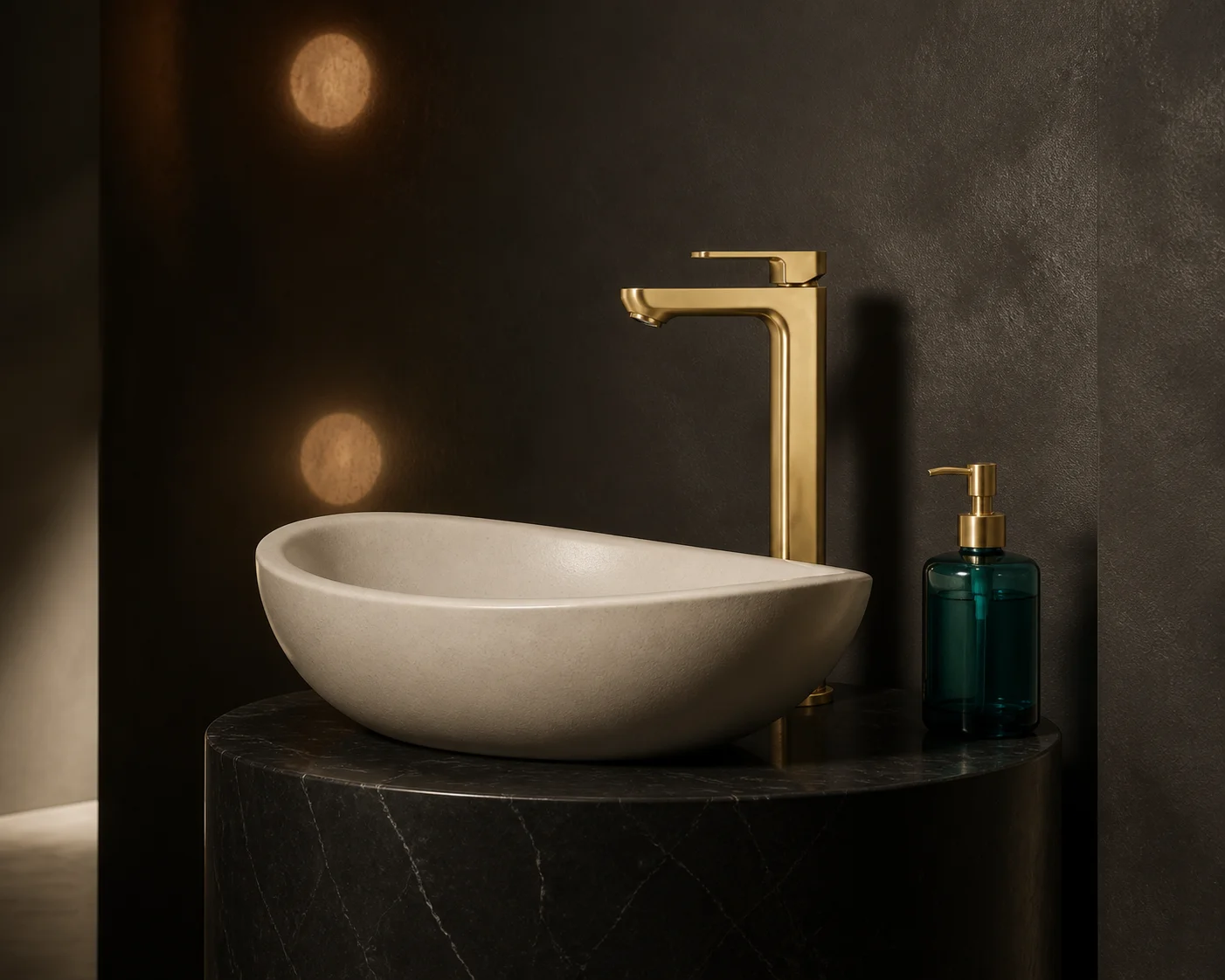 Low angle of the brushed gold Tala Vessel mixer on a charcoal stone pedestal