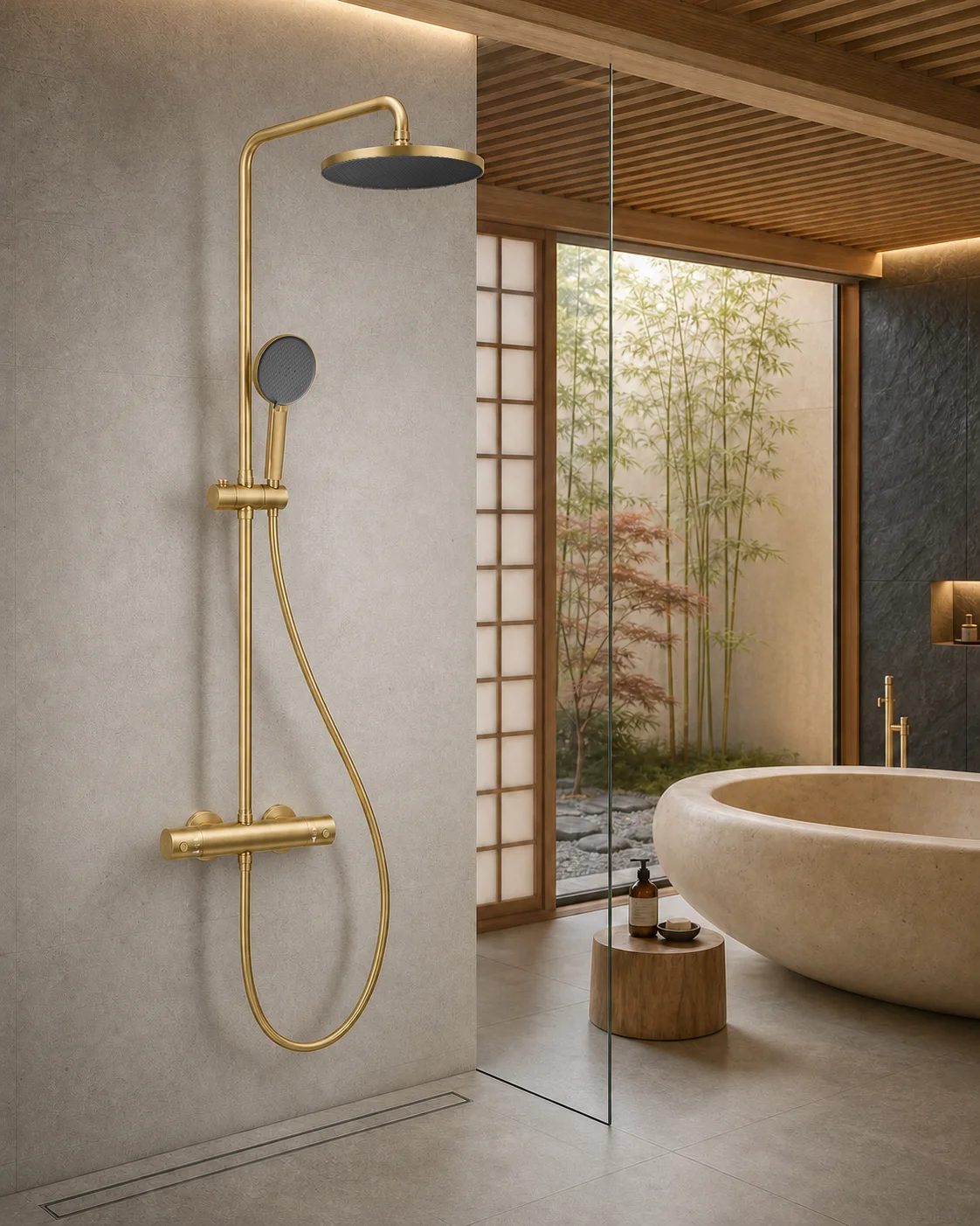 Brushed gold Rima column in a cedar and stone bathing suite