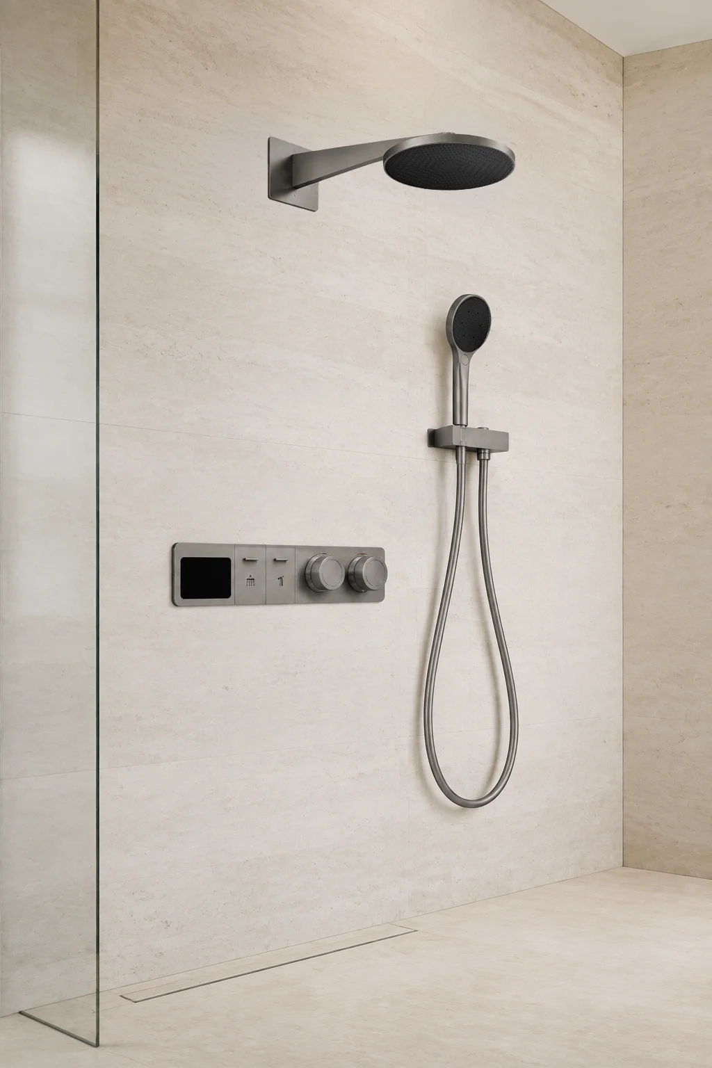 Gun grey Noor system on a pale travertine wall