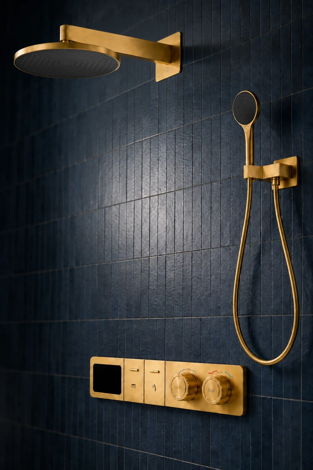 Brushed gold Noor panel and hand shower on navy tiles