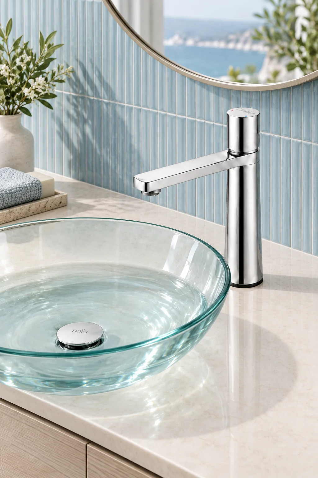 Chrome Lian mixer with an aqua glass bowl by a sea view