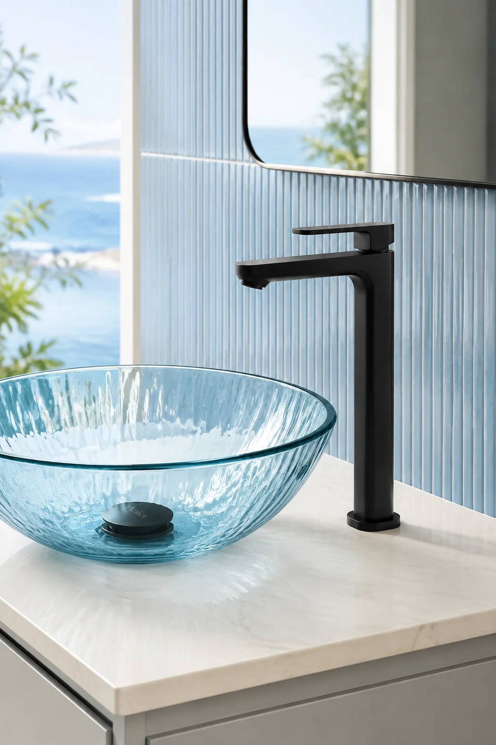 Matte black Tala Vessel mixer with a blue glass bowl by a sea view