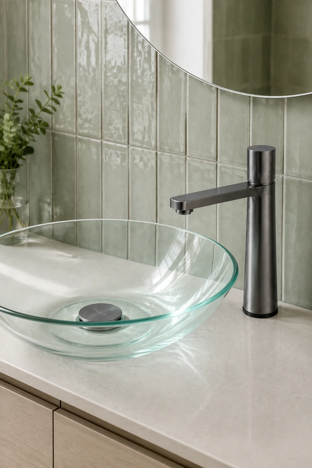 Gun grey Lian mixer with a clear glass bowl and sage tiles