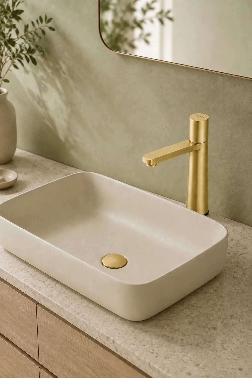 Brushed gold Lian mixer with a cream rectangular basin and sage wall