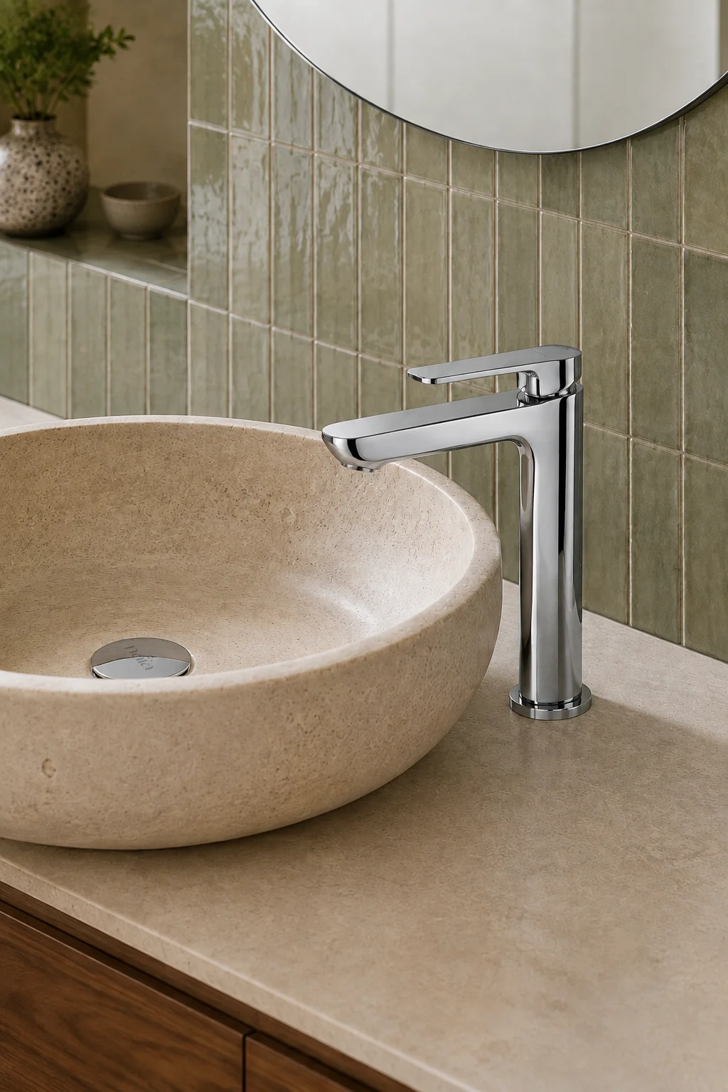 Chrome Tala mixer with a travertine bowl and sage tiles