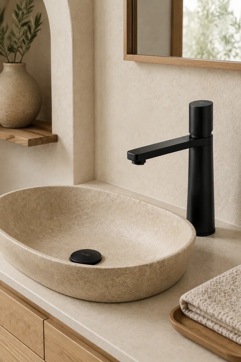 Matte black Lian mixer with a sand travertine oval basin