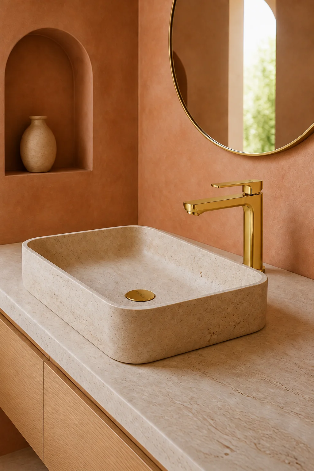 Brushed gold Tala mixer with a travertine basin in a terracotta bathroom