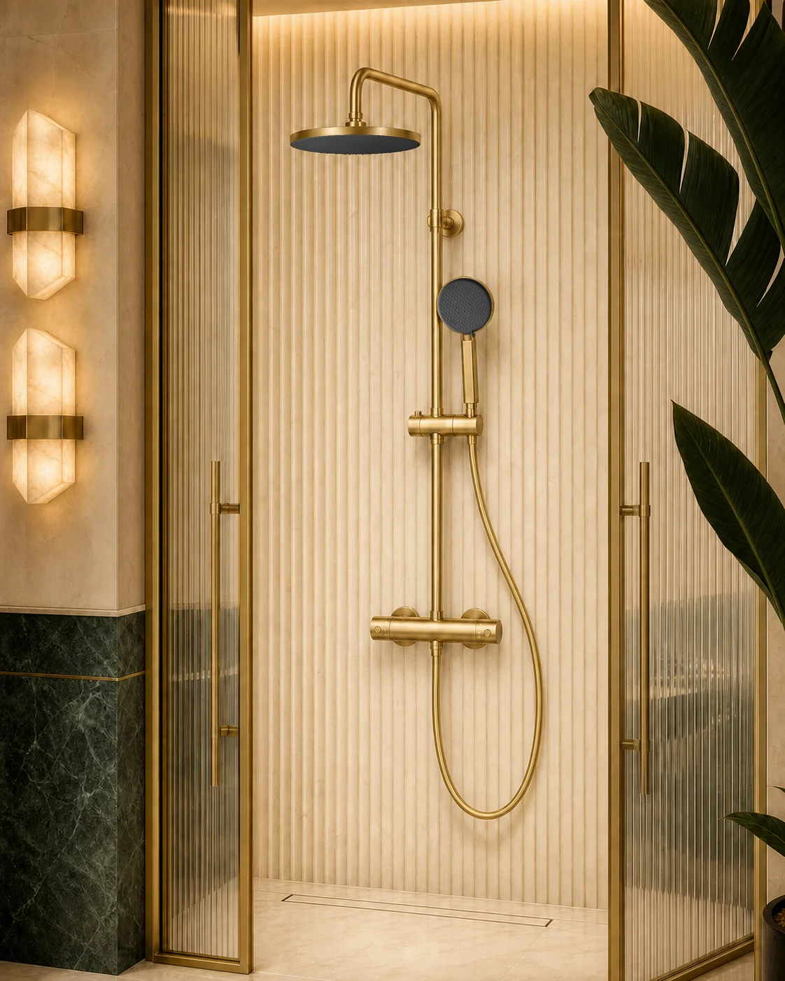 Brushed gold Rima column in an ivory and emerald art deco cabin