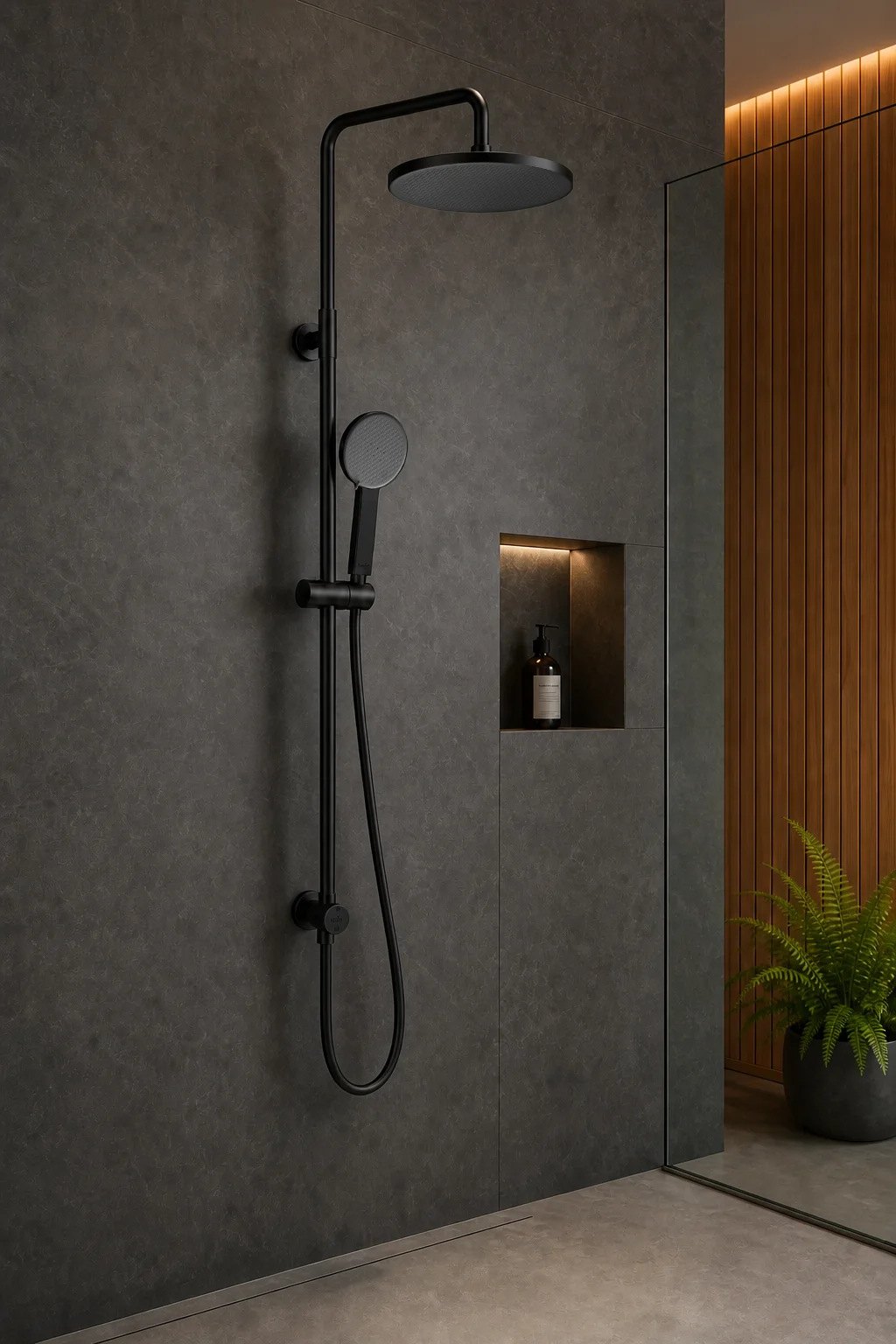 Matte black Dana column on charcoal stone beside oak slats
