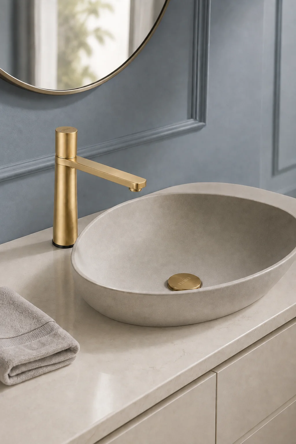 Brushed gold Lian mixer with a grey sculpted basin against dusty blue panelling