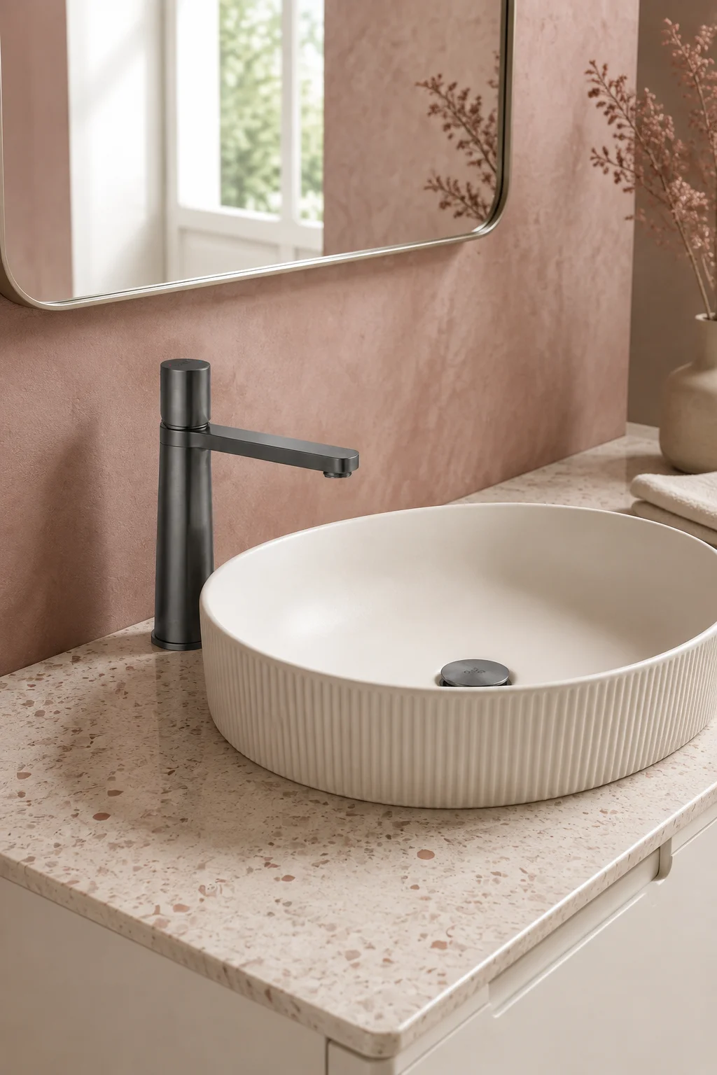 Gun grey Lian mixer with a cream fluted basin and dusty rose walls