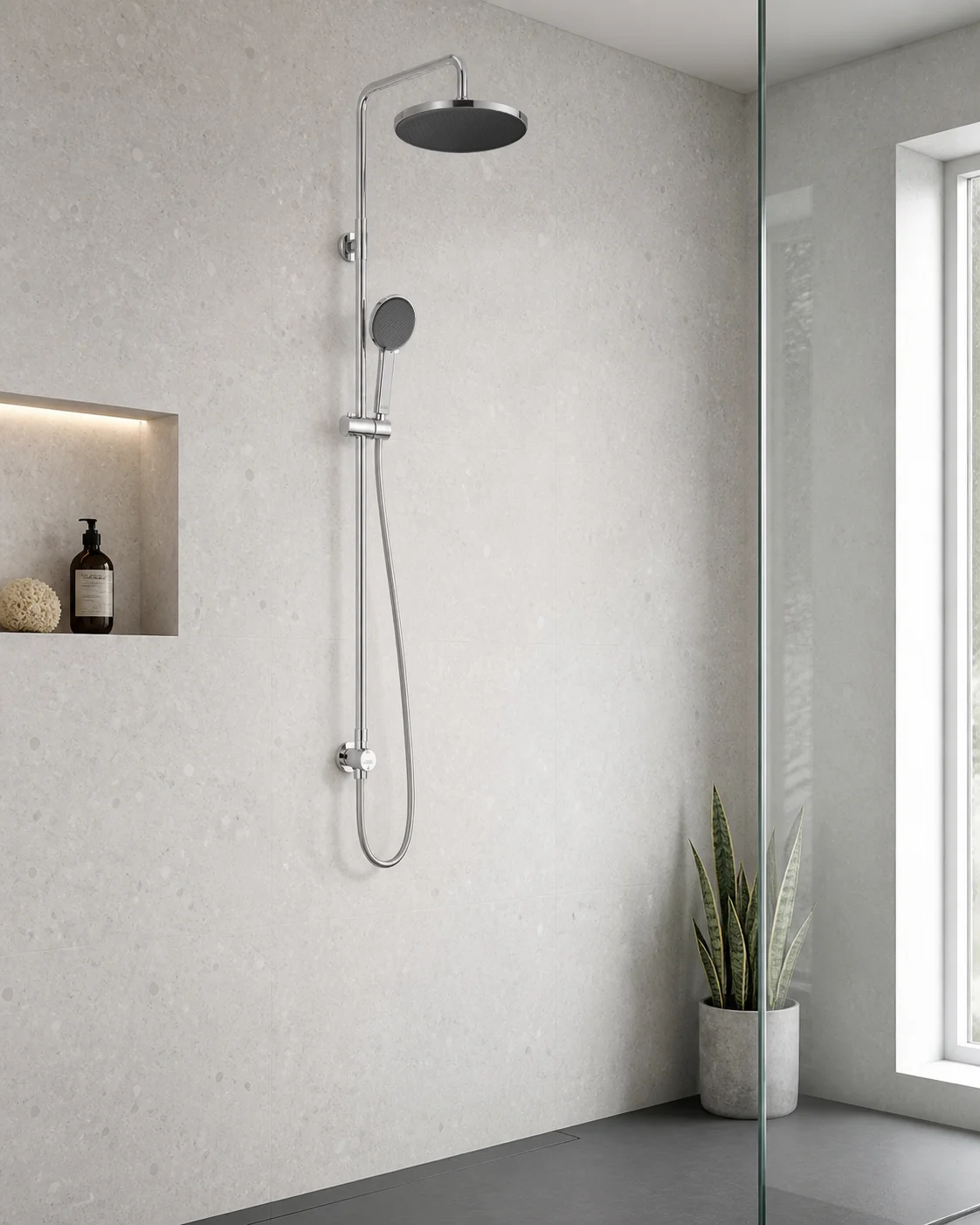 Chrome Dana column in a grey terrazzo guest bathroom