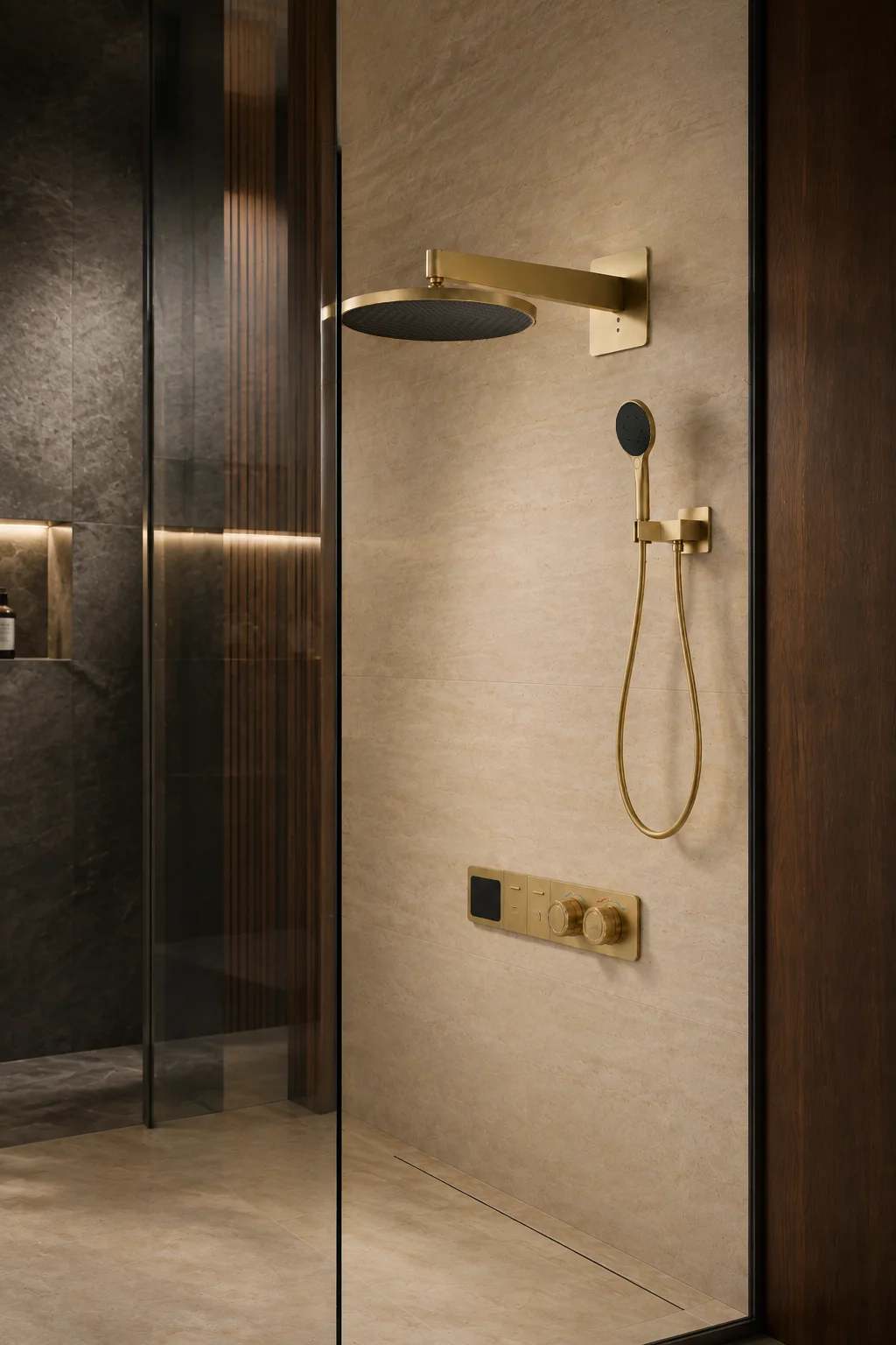 Brushed gold Noor system seen through a glass screen beside walnut panelling