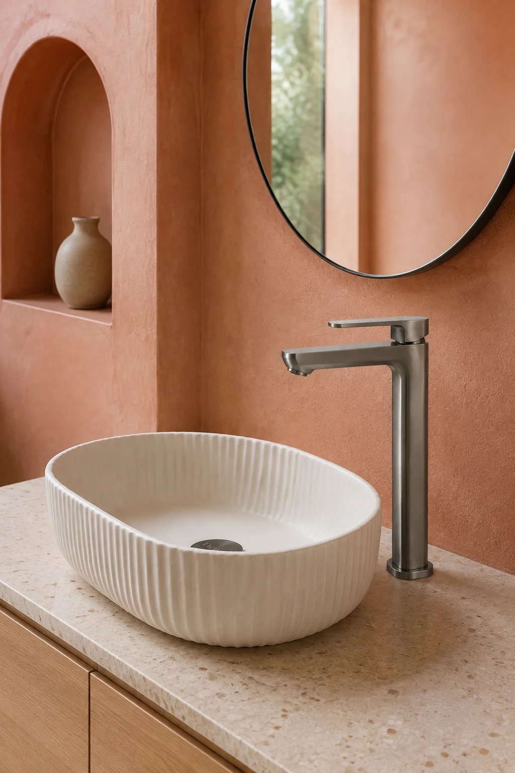 Gun grey Tala Vessel mixer with a cream fluted basin in a terracotta bathroom