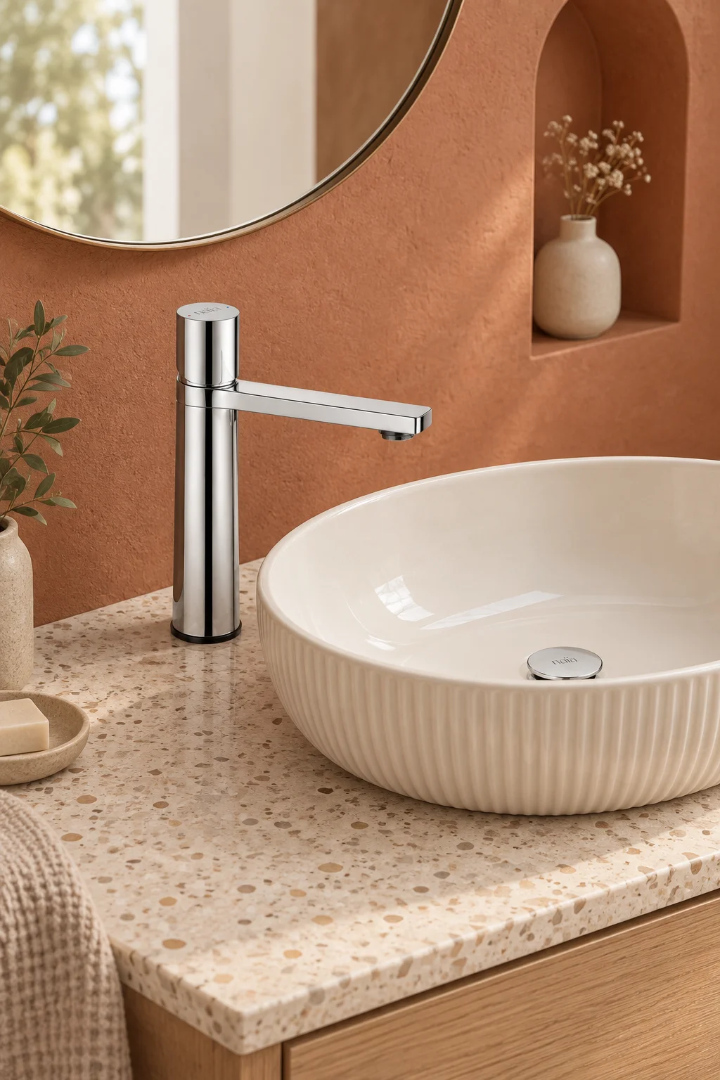 Chrome Lian mixer with an ivory fluted basin in a terracotta bathroom