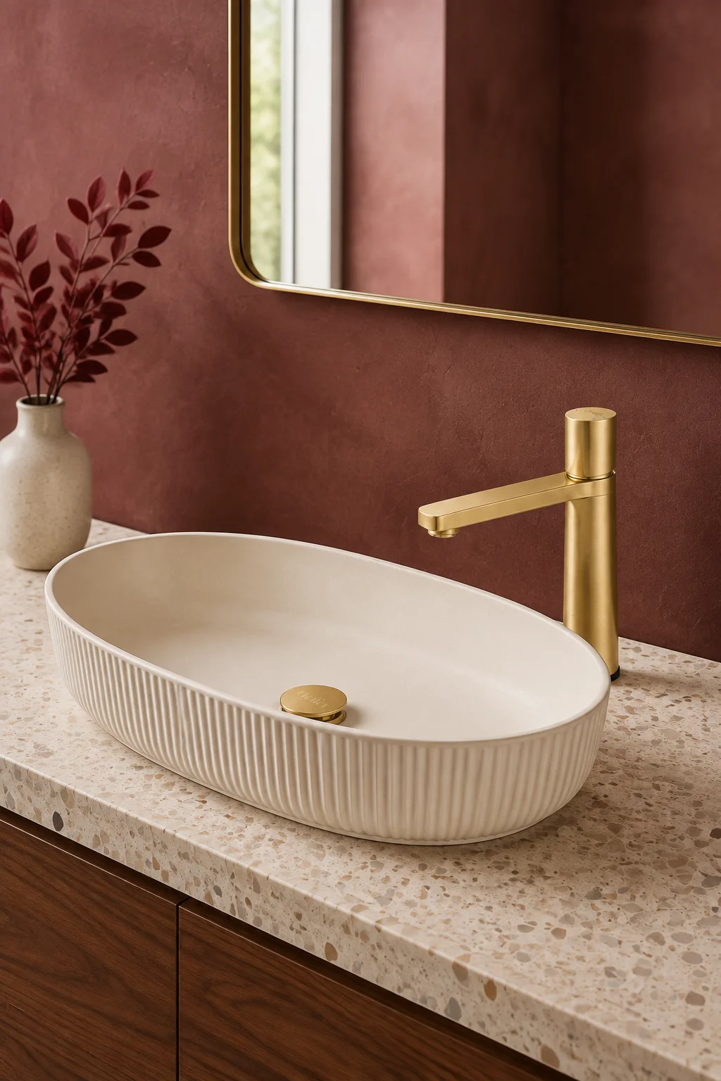 Brushed gold Lian mixer with a white fluted basin and burgundy walls