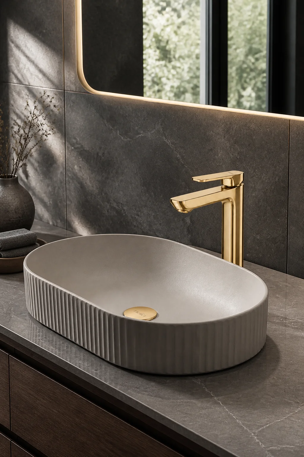 Brushed gold Tala mixer with a grey fluted basin on charcoal stone