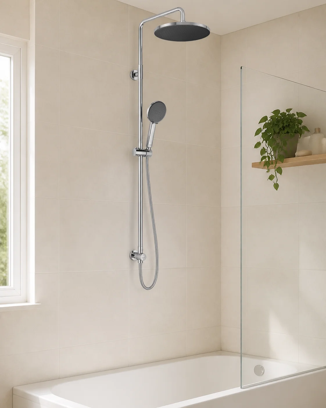 Chrome Dana column mounted over a cream bathtub
