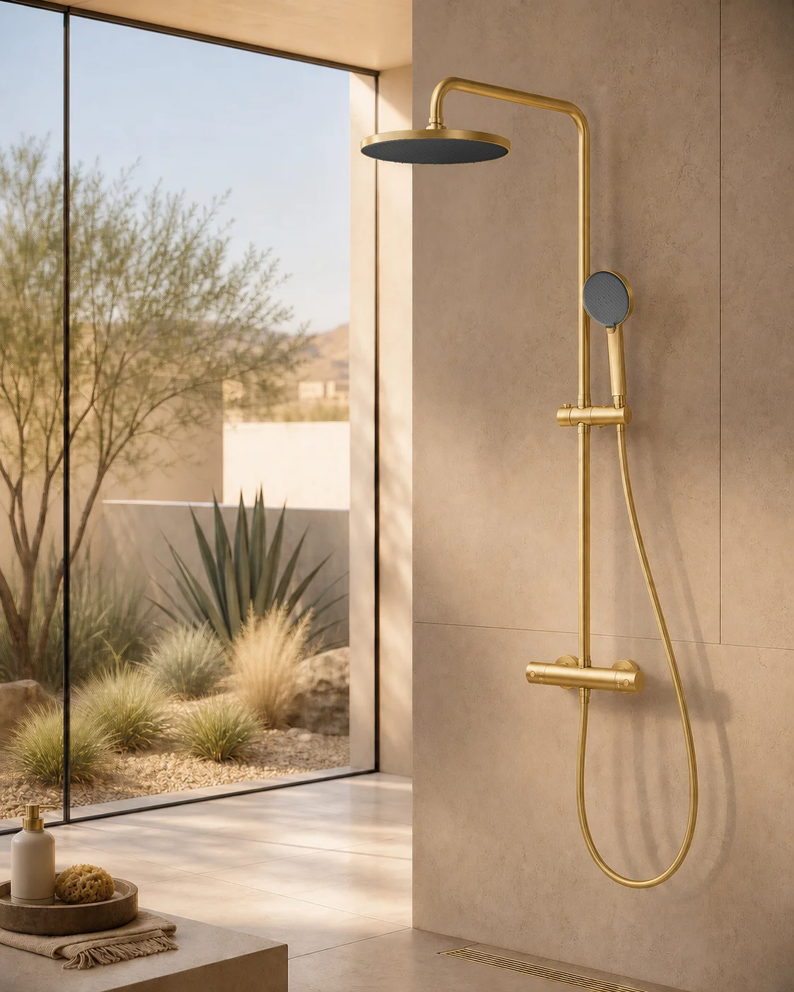 Brushed gold Rima column in a sandstone shower opening onto a desert garden