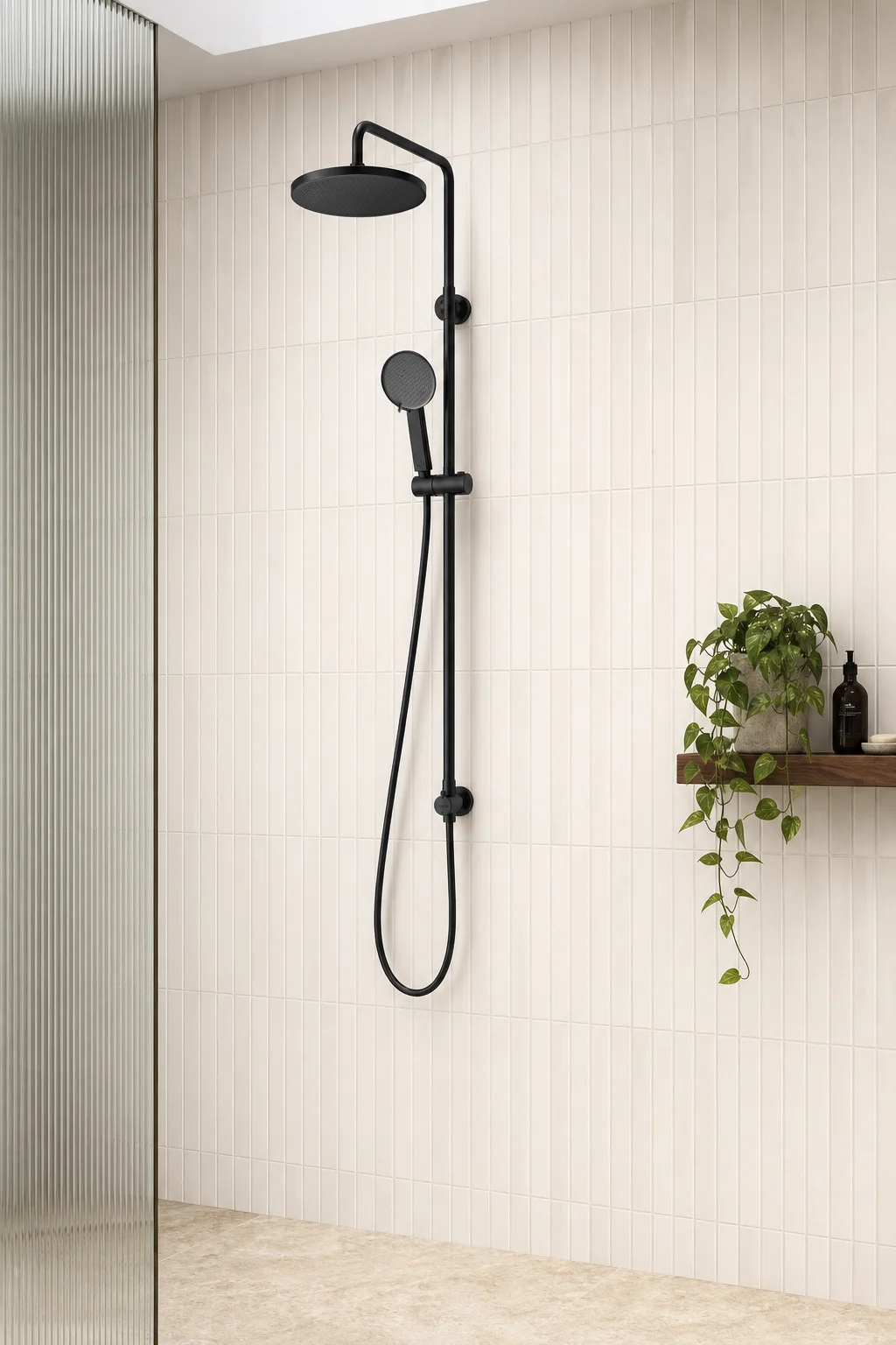 Matte black Dana column on ivory finger tiles
