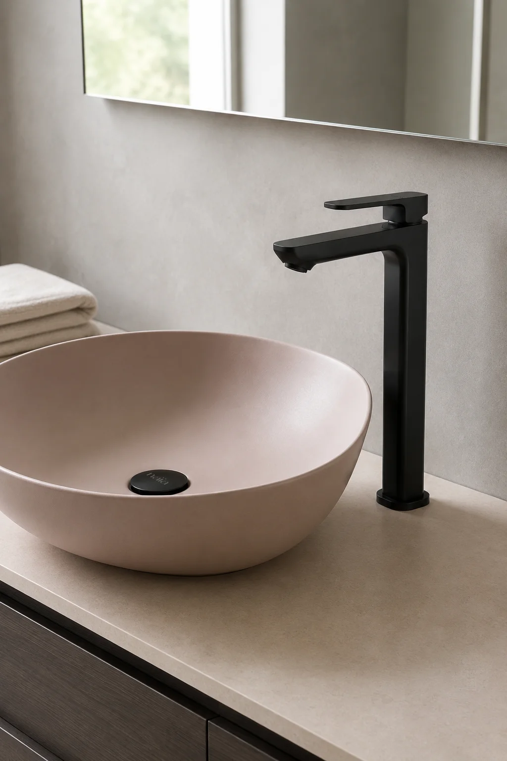 Matte black Tala Vessel mixer with a blush sculpted basin on a light grey counter