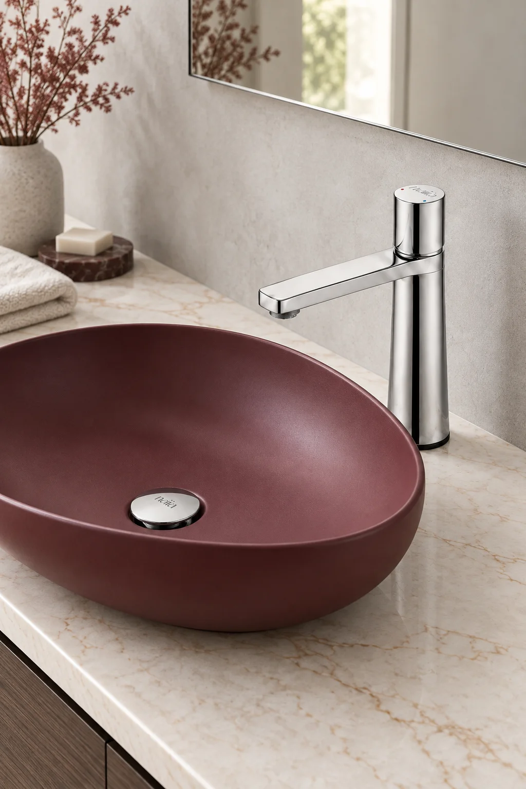 Chrome Lian mixer with a burgundy bowl on a light grey counter